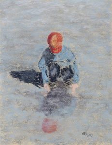 Painting of child looking at reflection in the sea