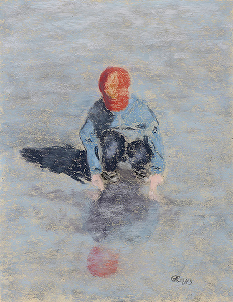 Painting of child looking at reflection in the sea