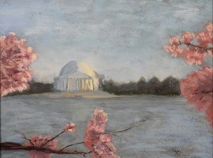 painting of Jefferson Memorial with cherry blossom trees